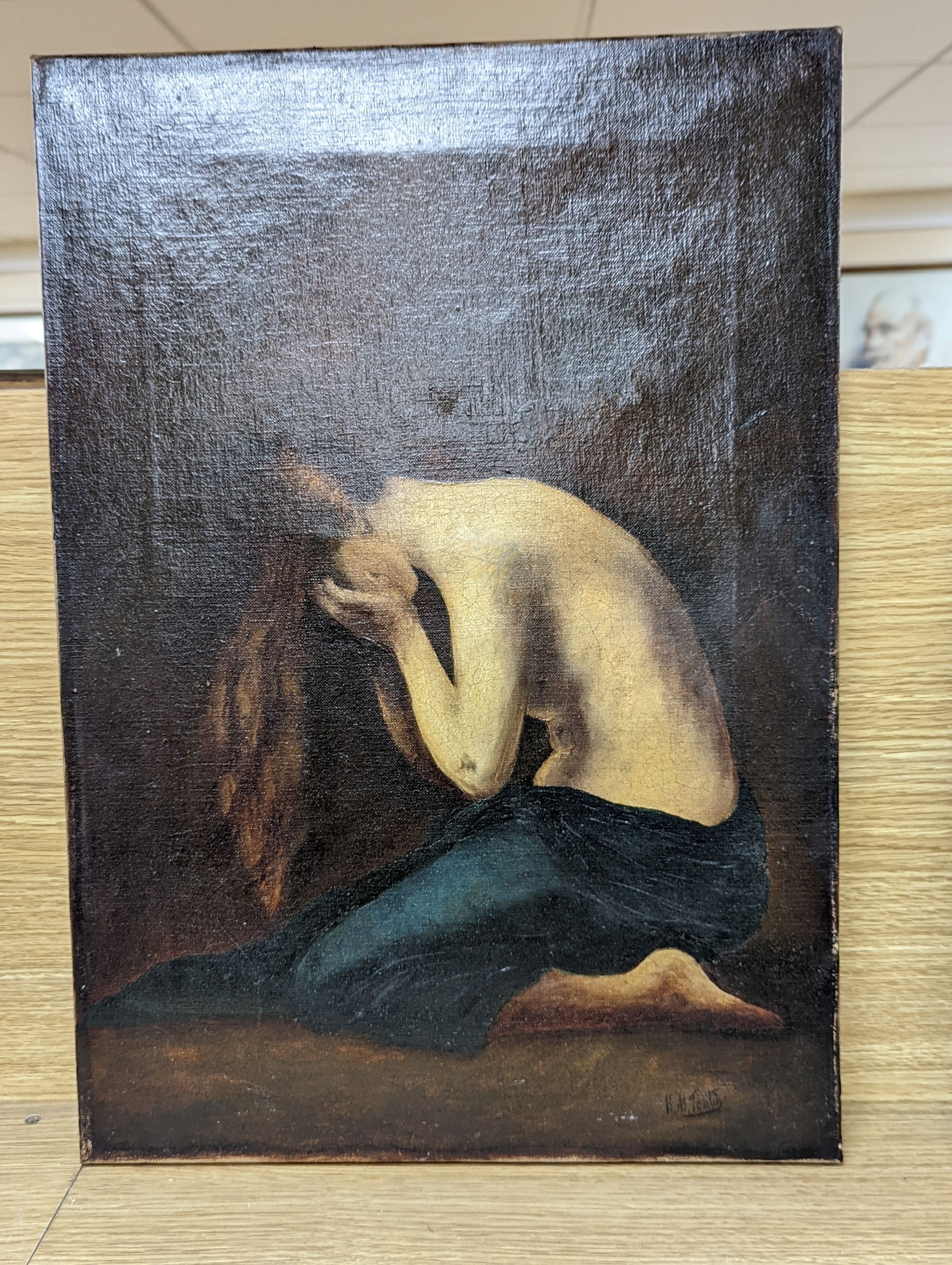 H M Tooth (19th C.), oil on canvas, Crying woman, signed, 47 x 33cm, unframed